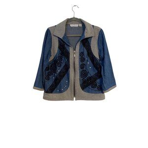 Bleu Bayou Jacket Women's M Denim & Gray With Black Lace/Jewel Details Full Zip